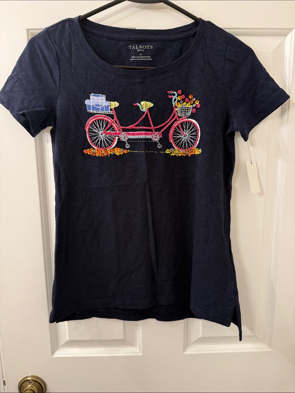 NWT Talbots Navy Short-Sleeve Tee with Pink Bicycle Embroidery